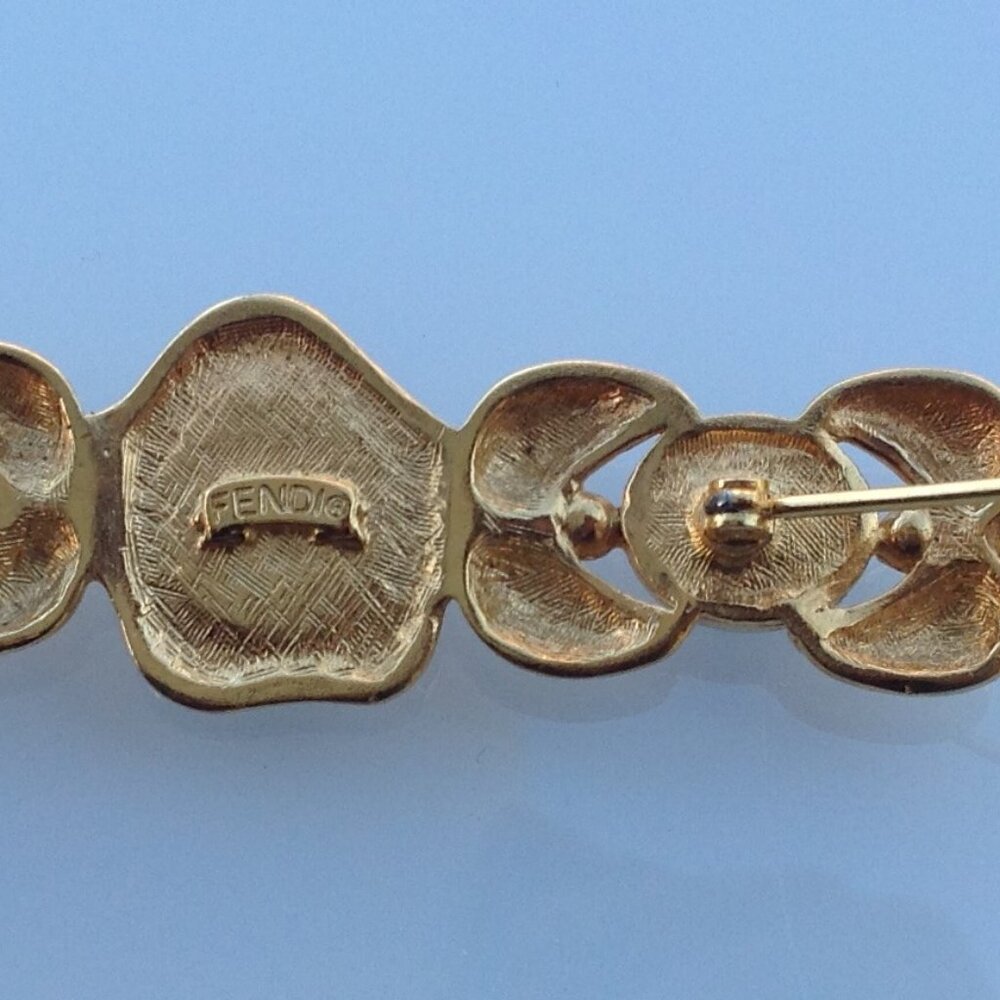 Fendi Brooch Victorian Revival Bar Rhodium Gold Intaglio Logo + Onyx Cabochons - Picture 5 of 16